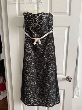 Dessy Collection Black Lace Strapless Dress with Cream Sash